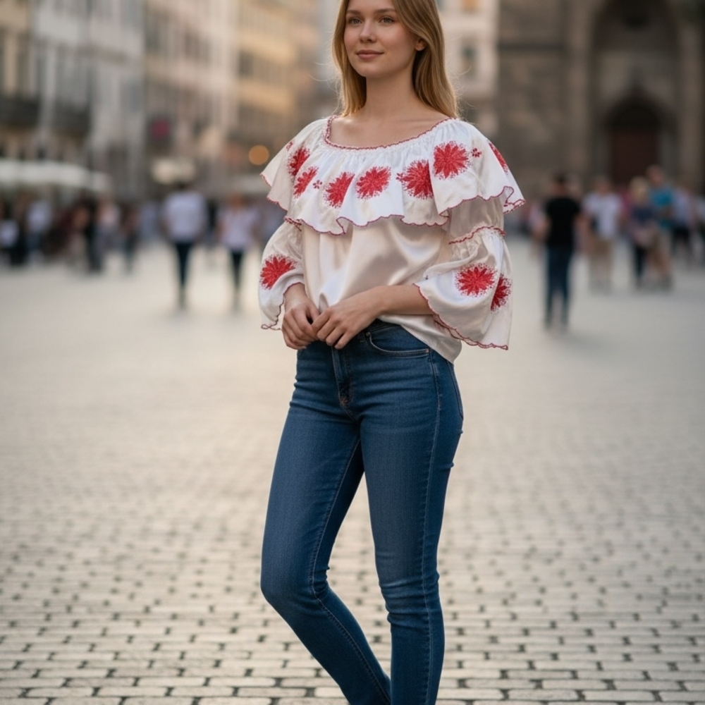 Elegant White and Red Floral Blouse